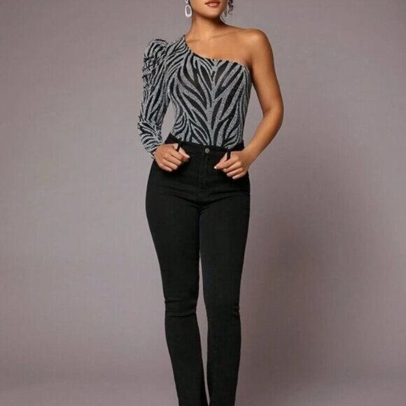 Metallic Zebra Print One-Shoulder Bodysuit With Puff Sleeve Asymmetrical Necklin - Picture 5 of 5